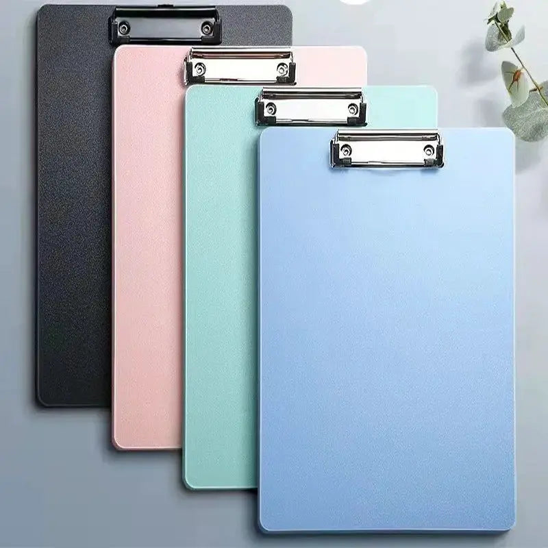 Set of four A4 clipboard folders with metal clips in black, pink, mint, and blue