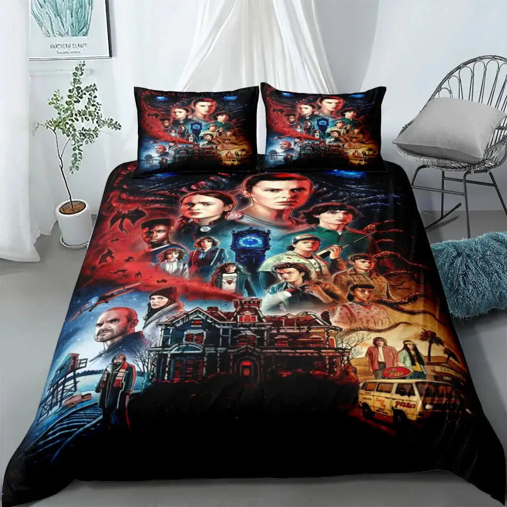 Duvet cover set with bold sci-fi collage in red and blue on black; includes 2 pillowcases; king/queen; Simples Market