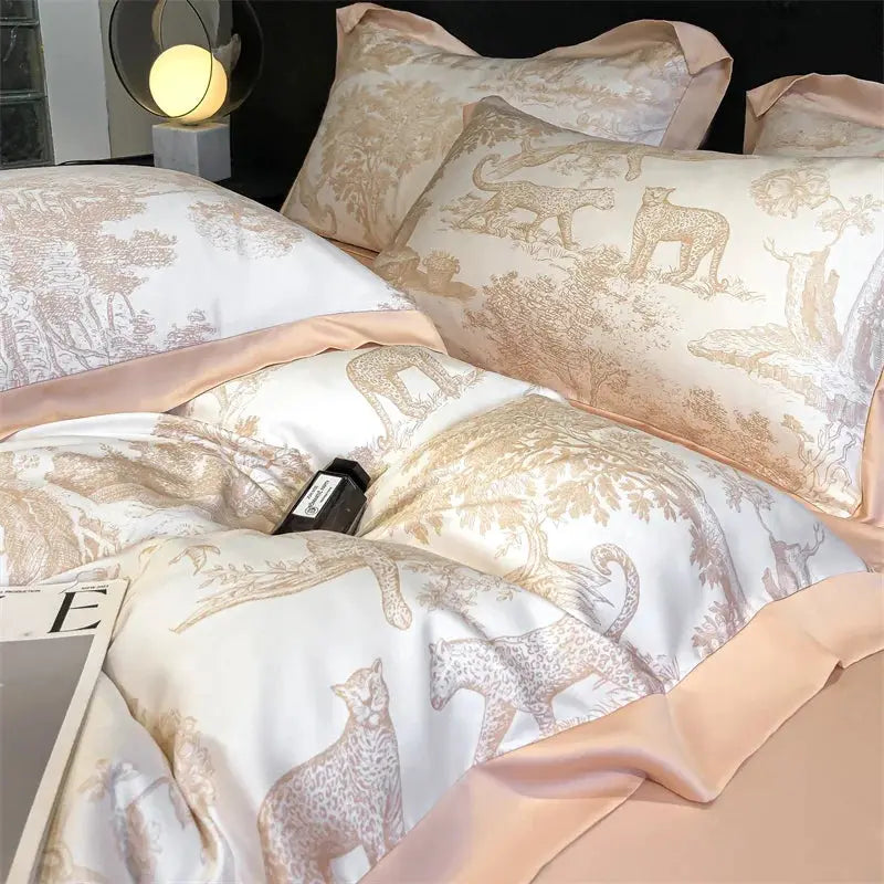 Simples Market eucalyptus Lyocell bedding set with leopard forest toile in peach tones; duvet cover, sheets, pillowcases
