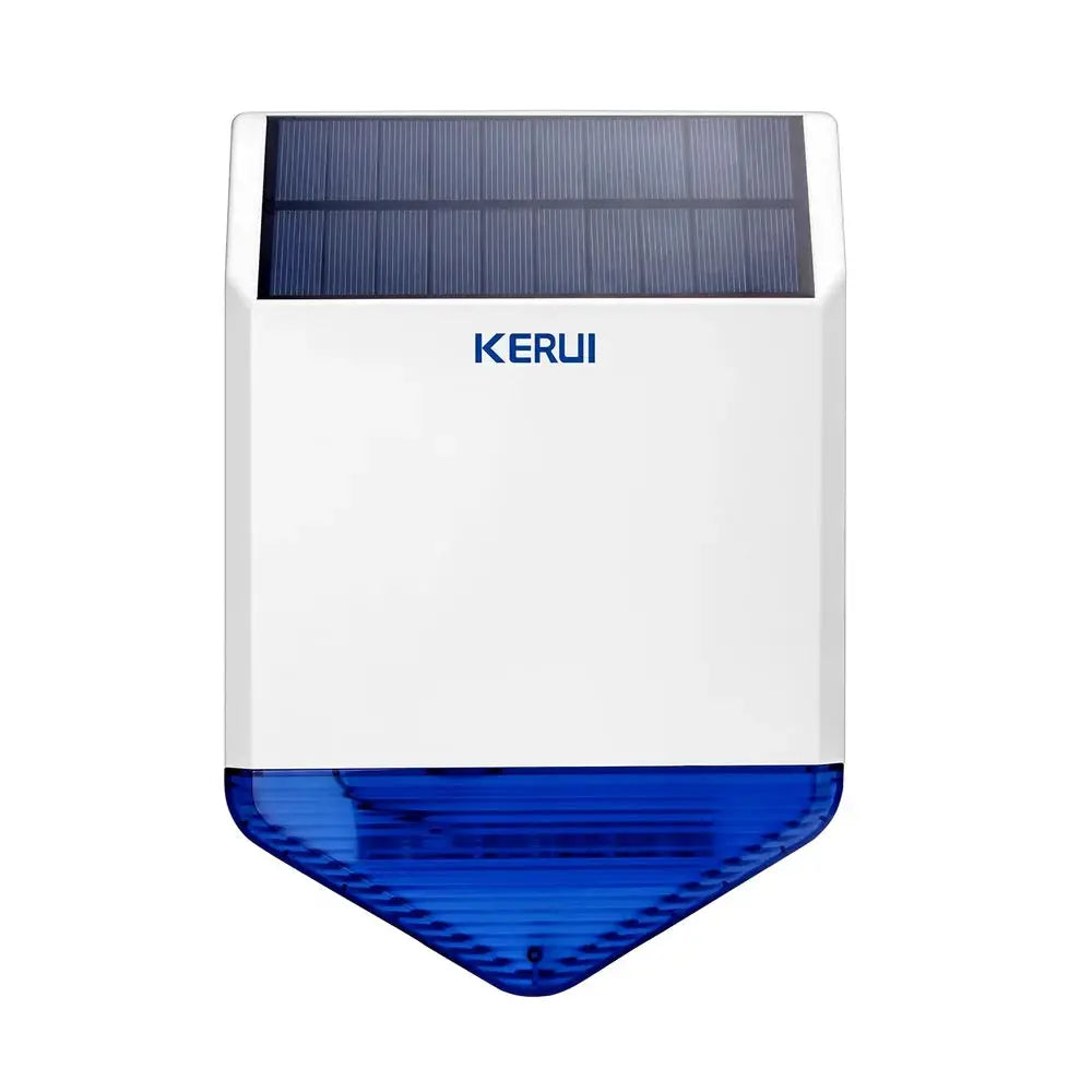 KERUI solar siren panel for outdoor alarm, white with blue beacon, 110dB