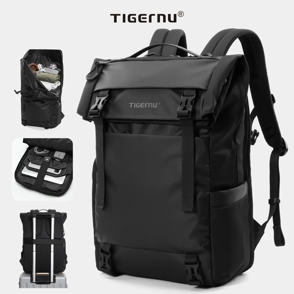Tigernu travel backpack, black TPU waterproof, expandable with buckle closures