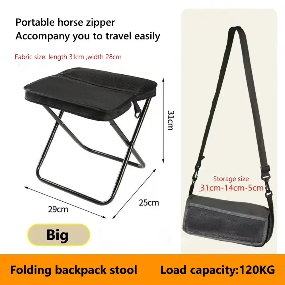 Folding backpack stool for outdoor use with shoulder bag, black, 120kg load capacity