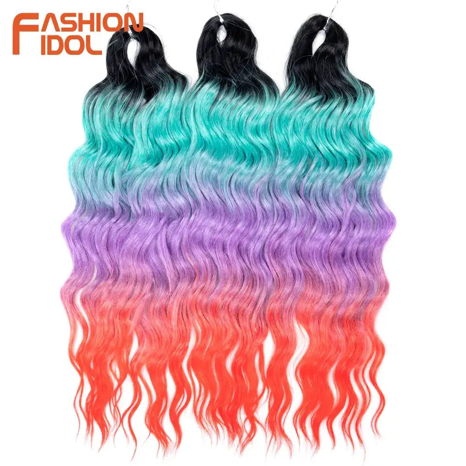 Anna Hair synthetic loose deep wave braiding extensions, 24in, ombre black-teal-purple-pink, three bundles, Fashion Idol