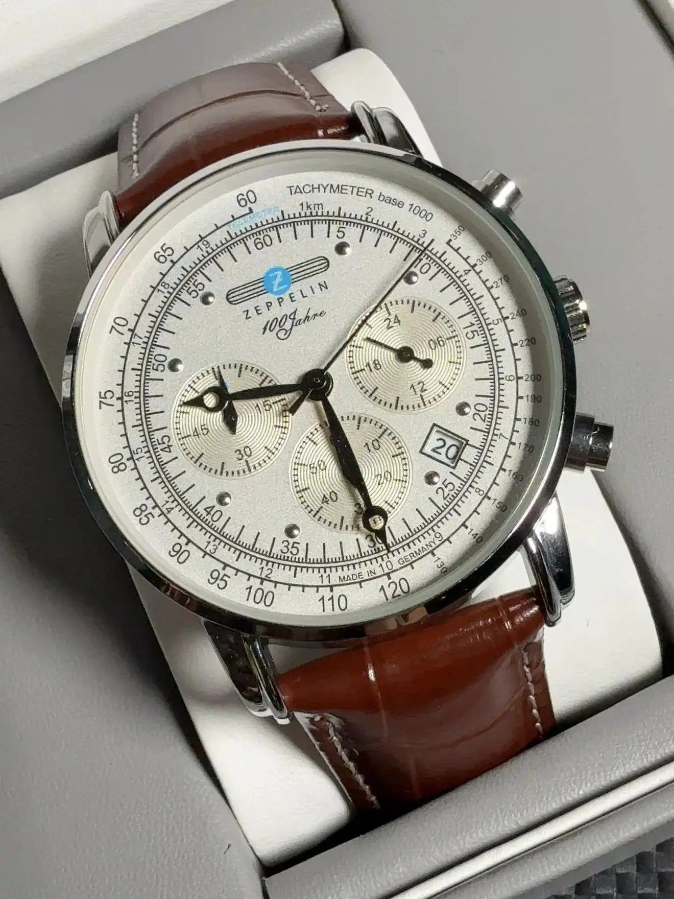 Zeppelin Airship automatic men’s watch with brown leather strap and silver case
