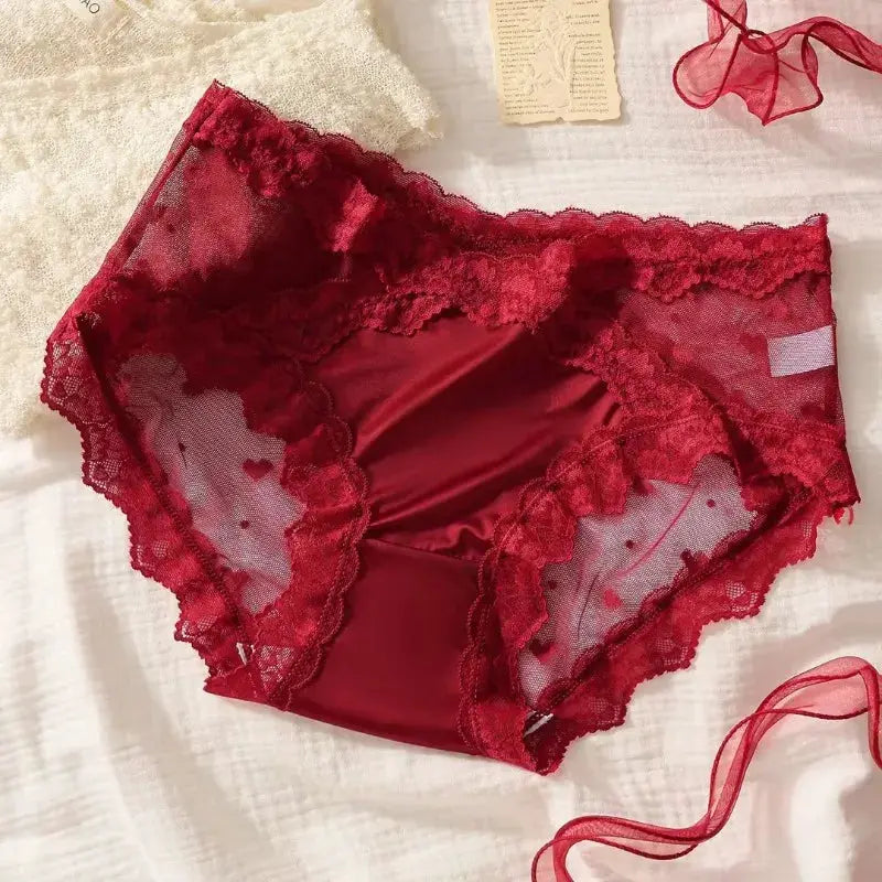 Simples Market red lace high-waist panties in sheer mesh with floral trim