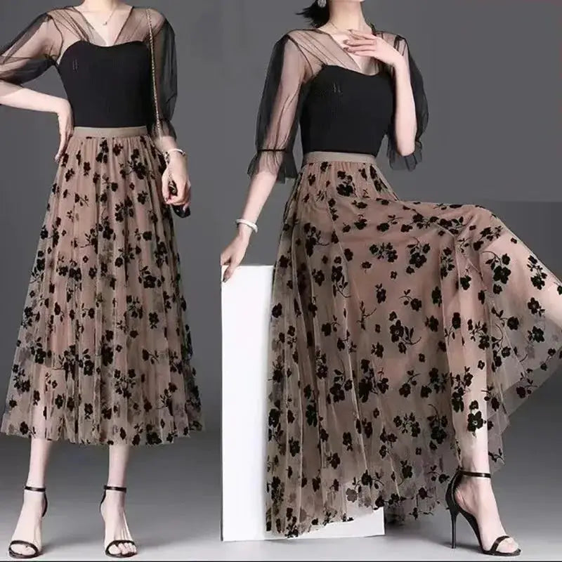 LunaGrove Floral Gauze Midi Skirt Breathable Polyester Mesh With Empire Waist Pleated A Line For Spring And Summer