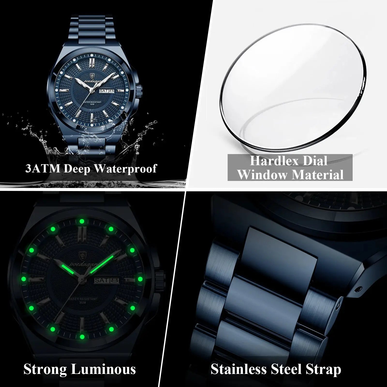 POEDAGAR Sport men's stainless steel wristwatch, blue finish, 3ATM waterproof, luminous dial