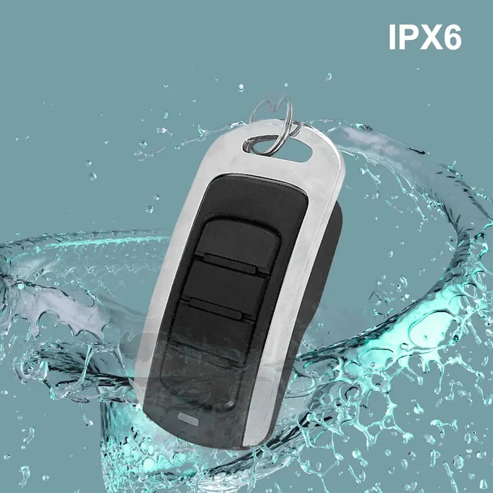 Multi-frequency 280-868MHz garage door remote control by Simples Market, gray/silver with black buttons, IPX6 waterproof