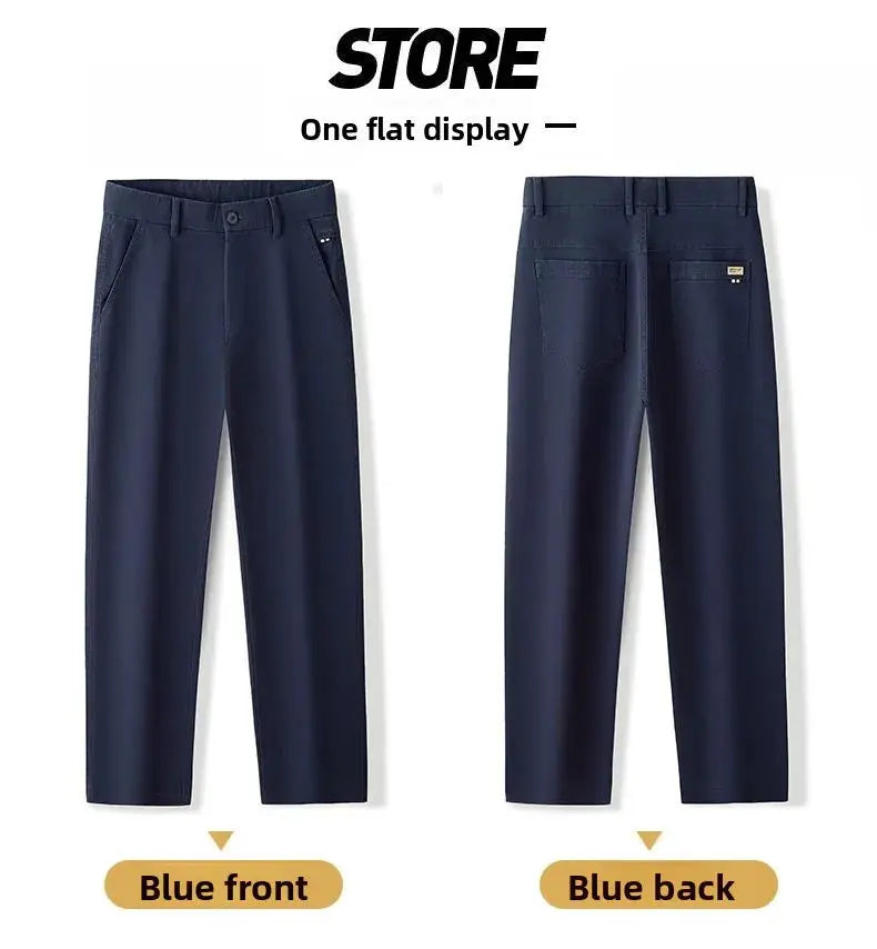 Simples Market men's navy blue cotton pants, straight-leg elastic casual business trousers, front and back views