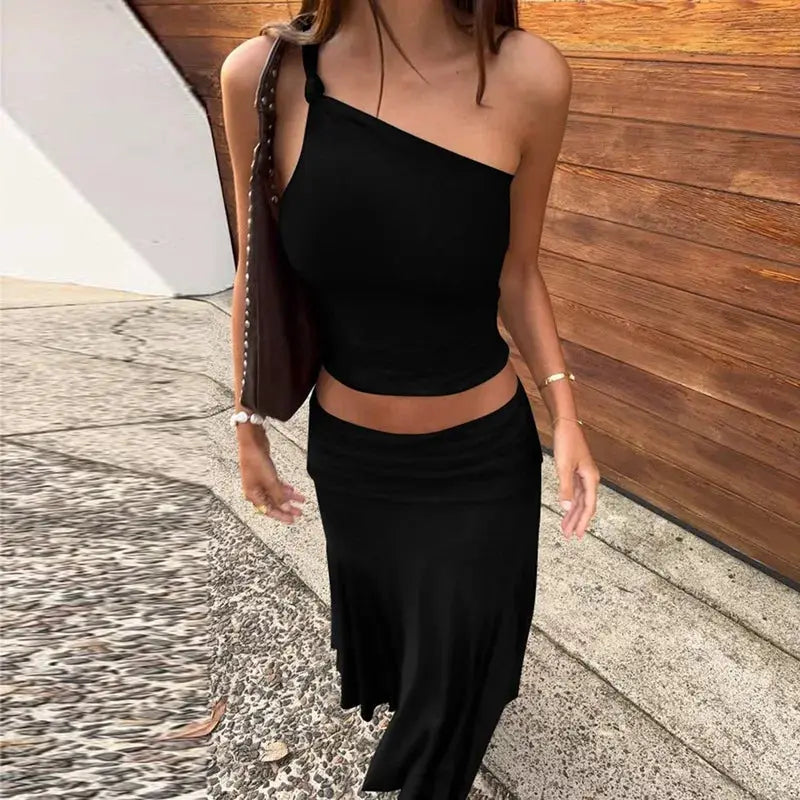 Tossy Pleated Two Piece Off Shoulder Cropped Top And Long Skirt Set