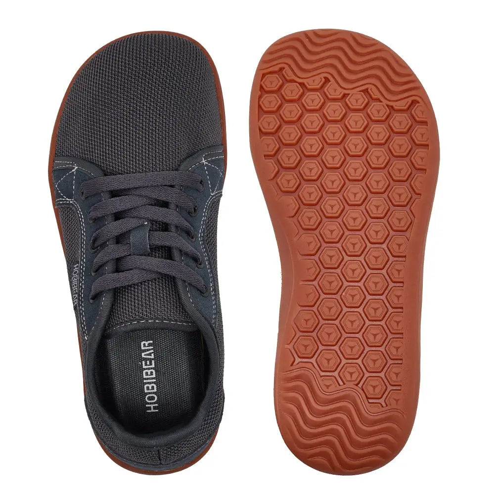 Pair of HOBIBEAR unisex wide-toe barefoot shoes with navy mesh uppers and orange outsole.