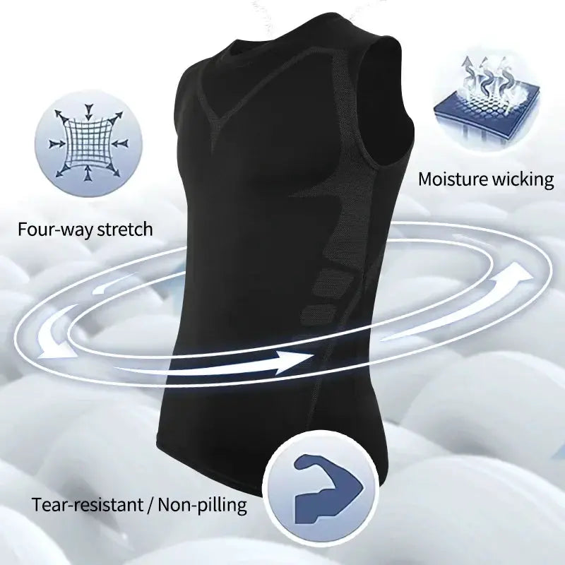 Men's black shapewear shaping vest by Simples Market; sleeveless compression tank with moisture-wicking fabric