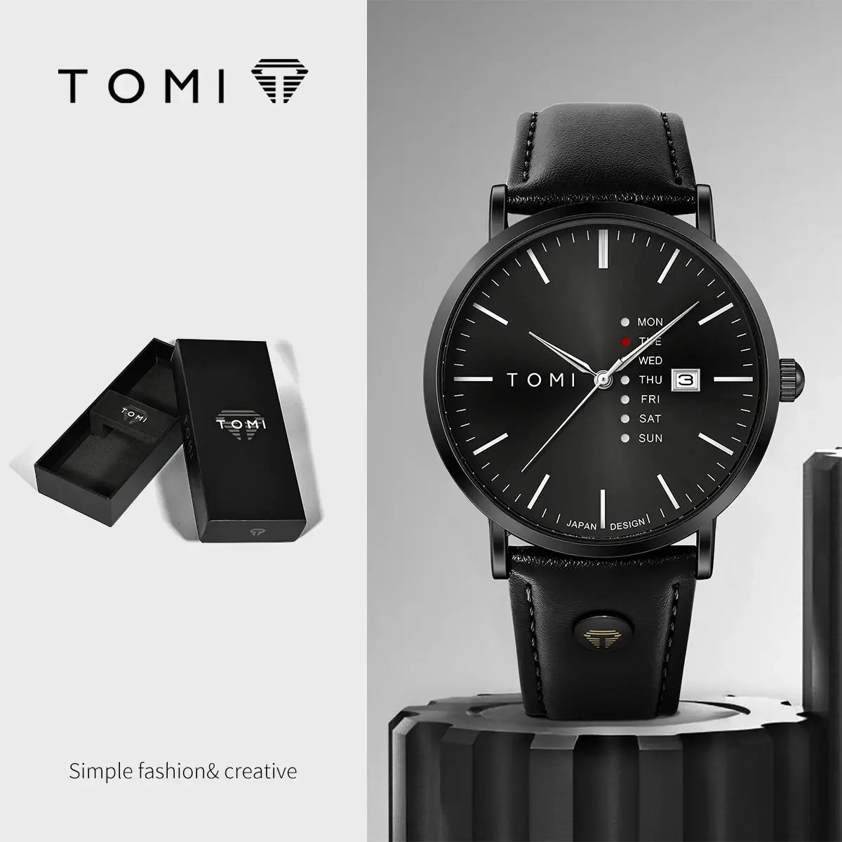TOMI Trendy men's quartz watch with black dial, leather strap and weekday calendar by Simples Market