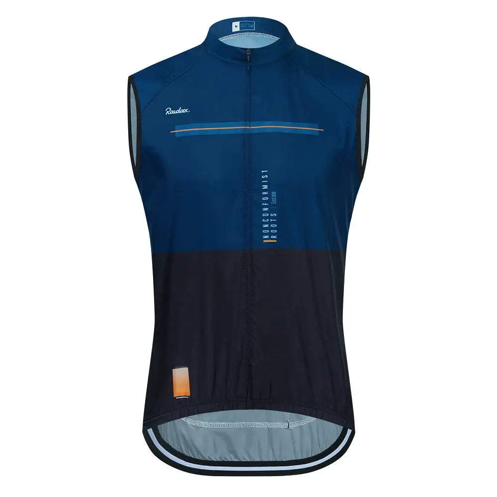 Raudax men’s sleeveless cycling vest in blue mesh with front zipper and orange accent