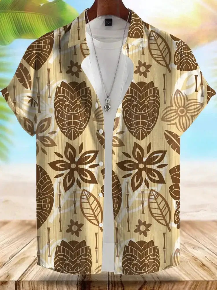 Seaside Hawaiian style men's short-sleeve shirt, beige with brown tropical pattern, Simples Market