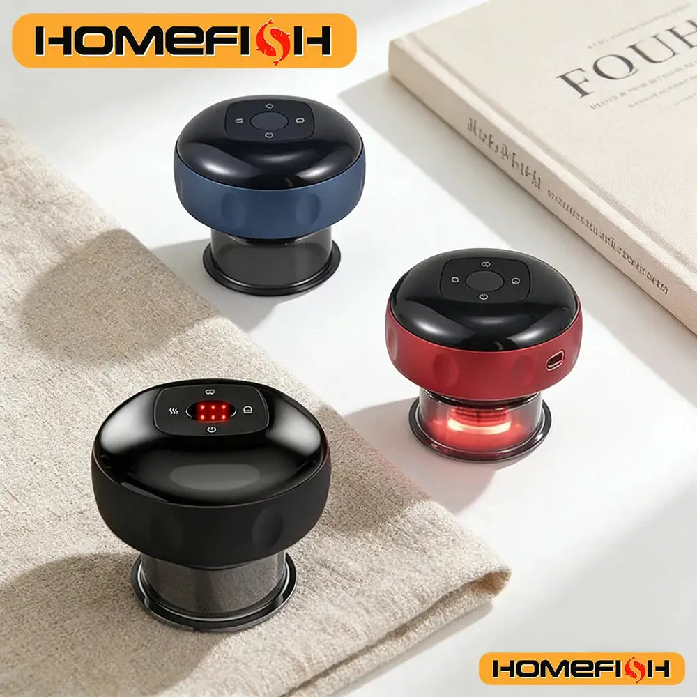 Plug-In Smart Vacuum Cupping Massager set of 3 in blue, red, and black with top control panel; Homefish branding visible.