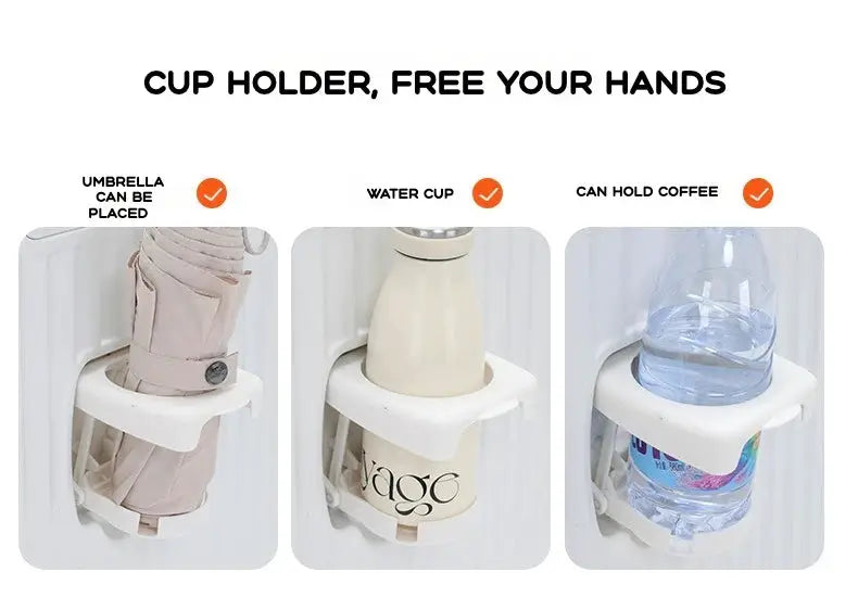 Cup holder clip by Simples Market, white clip-on design; shown holding umbrella, water bottle, and coffee cup.