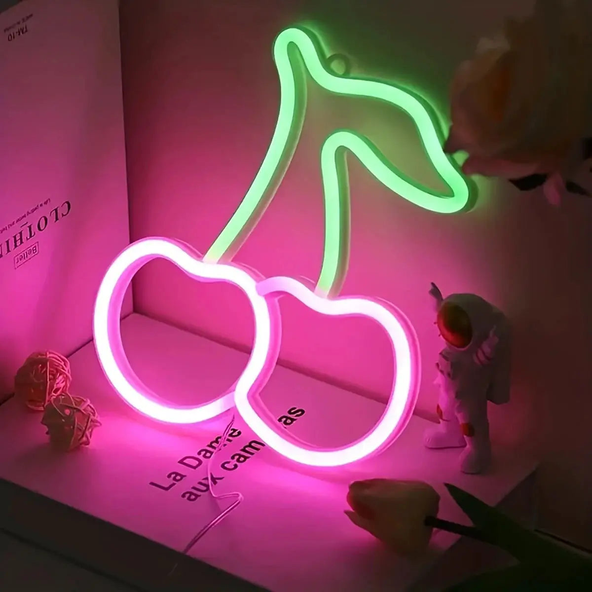 Cherry neon LED sign with pink cherries and green stem; USB or battery powered decorative light for bedrooms and parties