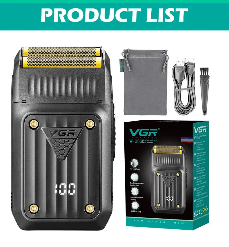 VGR 363 electric shaver by Simples Market; black foil-head trimmer with gold accents, includes pouch and USB cable.