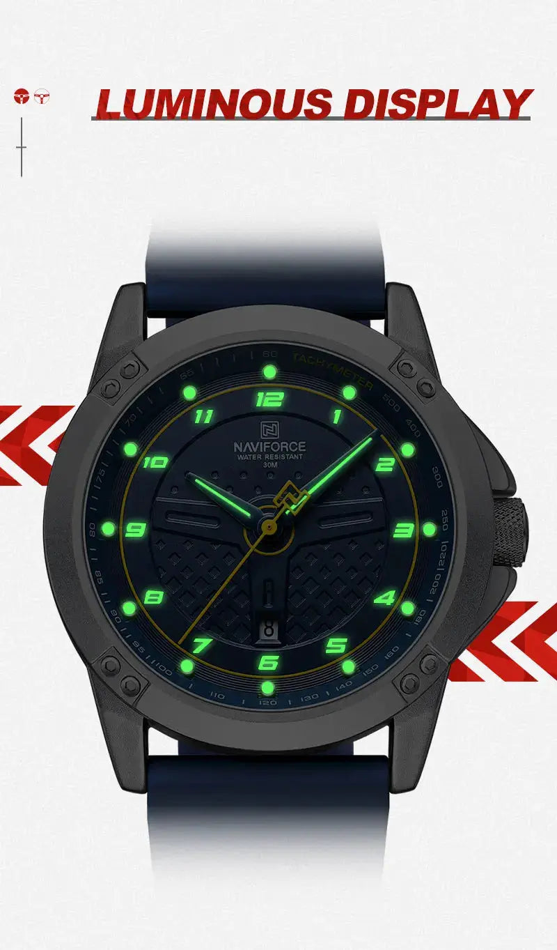 Naviforce men's luminous quartz wristwatch with black case, blue silicone strap, water resistant 30m.
