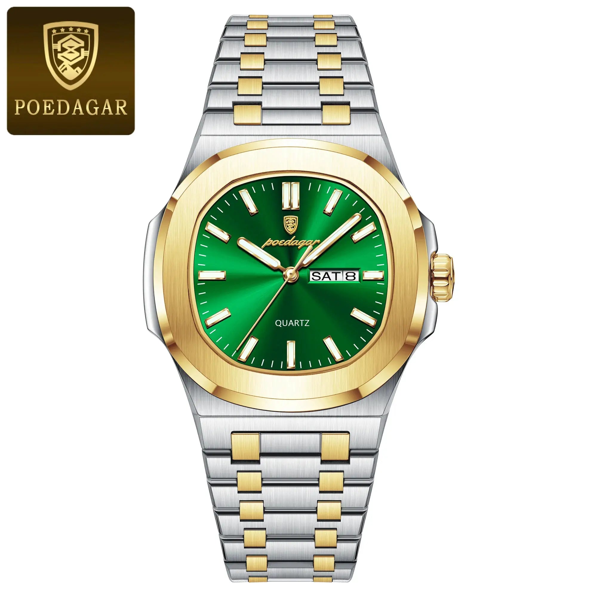 POEDAGAR men's luxury square watch with green dial, two-tone stainless steel bracelet, date window.