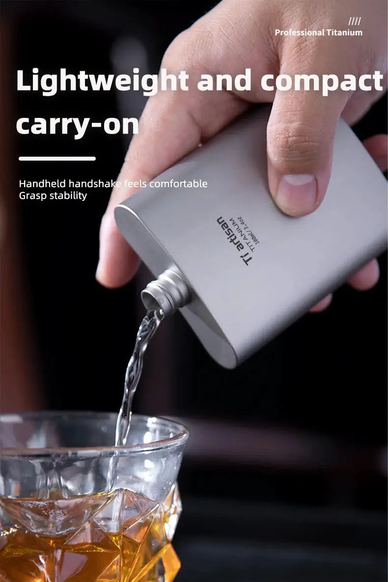 Tiartisan titanium hip flask 100ml; silver metal being poured into a glass