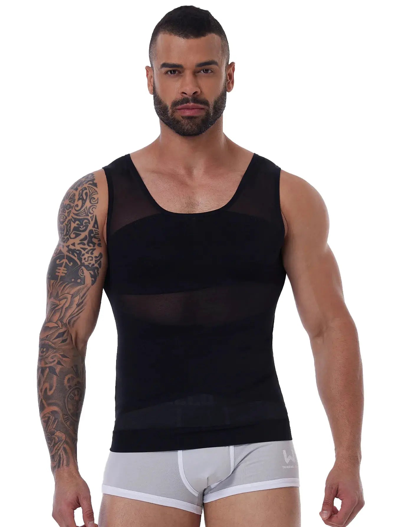 Men's black mesh-panel shapewear tank top from Simples Market, a sleeveless compression undershirt.