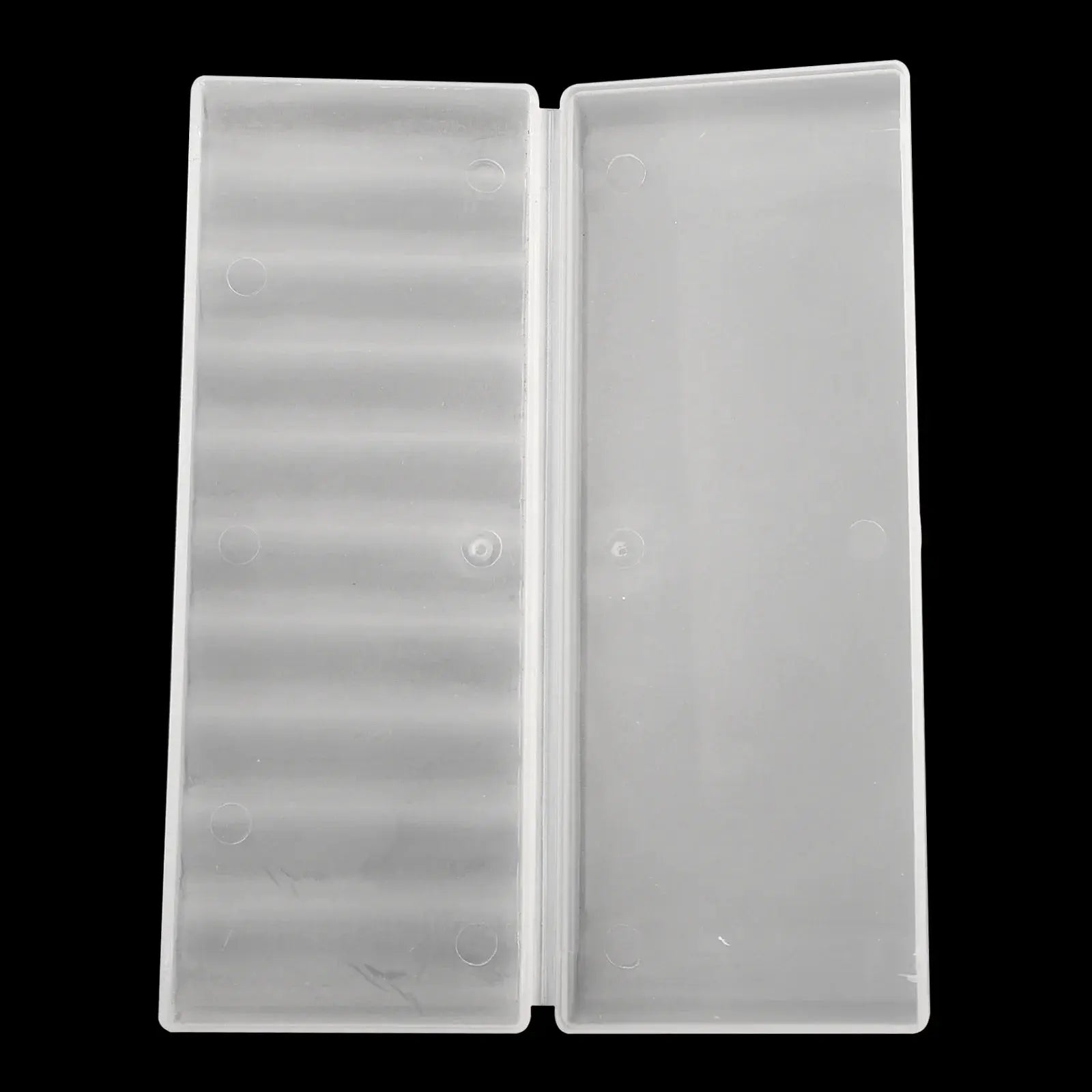 Transparent white plastic 10-slot battery storage box, open to reveal AA and AAA battery slots