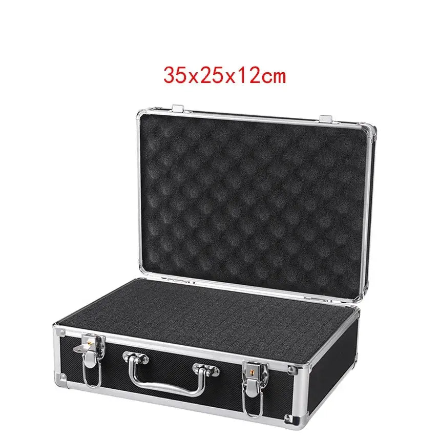 Shockproof aluminum tool organizer case by Simples Market, black with silver trim, foam sponge interior, 35x25x12 cm.