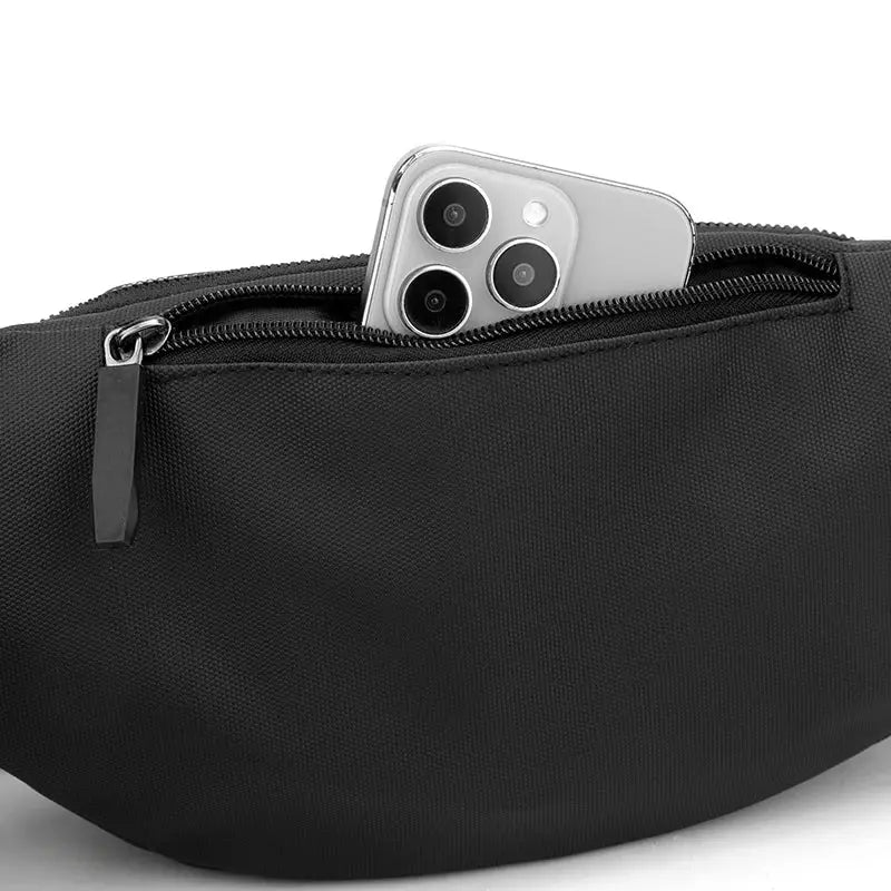 Unisex waterproof waist bag by Simples Market, black fabric with a zippered pocket and phone storage.