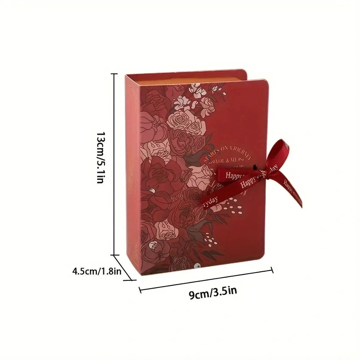 Book-shaped red paperboard gift box with floral pattern and satin ribbon