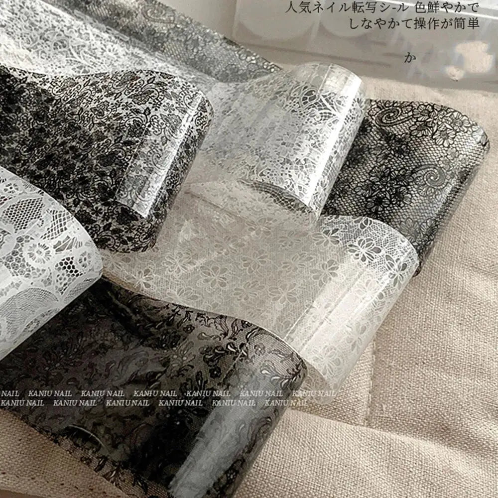 Nail transfer stickers set, 10 rolls, black and white lace full-wrap decals for French manicure, Simples Market