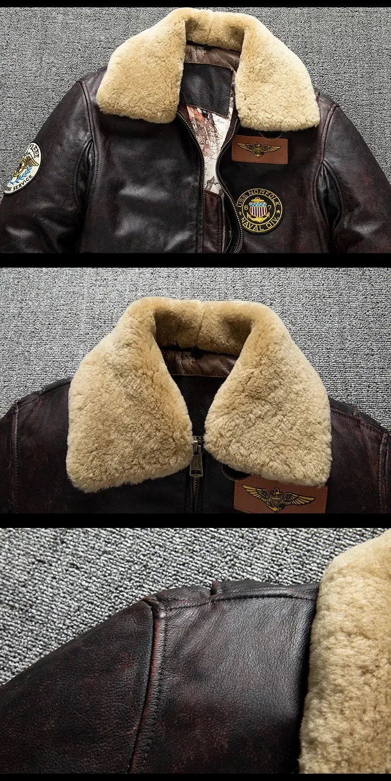 Air Force flight jacket in brown cowhide with beige shearling collar and military patches.