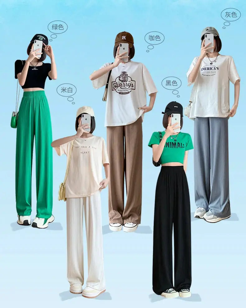 Women's thin summer wide-leg pants with elastic waist in 6 colors: green, beige, brown, gray, black, blue.