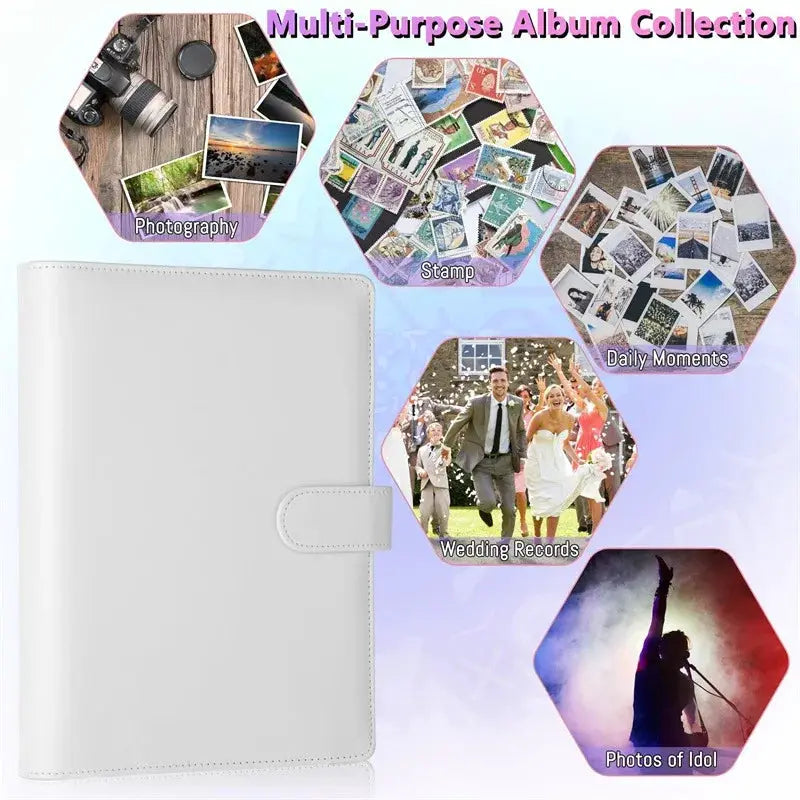 White PU leather A5 photocard binder with 25-page four-grid layout for photos and idol cards