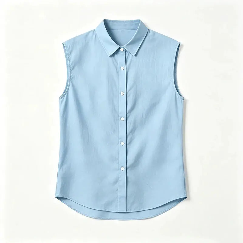 Men's sleeveless cotton-linen shirt in light blue with a turn-down collar and button-up front.