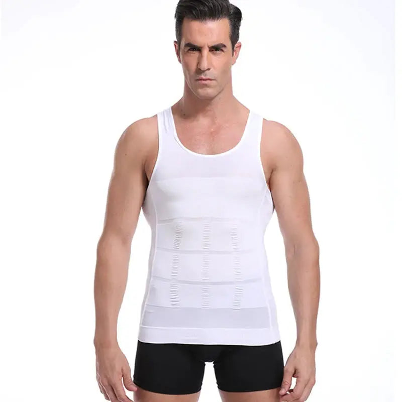 Men's slimming shapewear body corset vest in white by Simples Market with waist-control panels