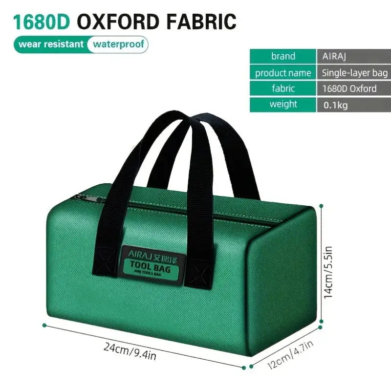 AIRAJ tool bag in green 1680D Oxford fabric with double black handles, waterproof, 24cm x 12cm x 14cm