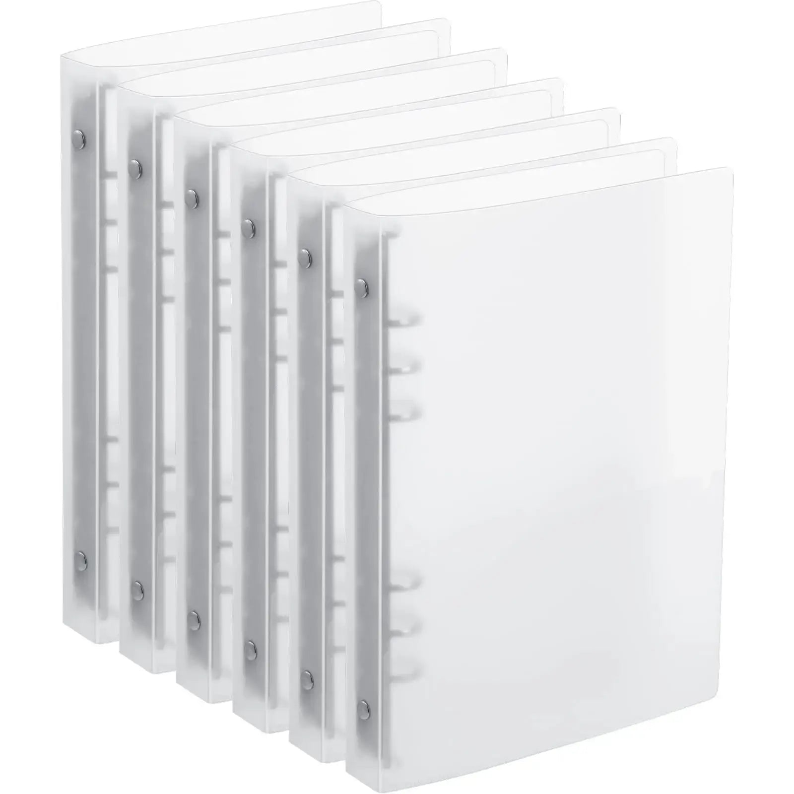 Five translucent plastic ring binders in a row with metal rings