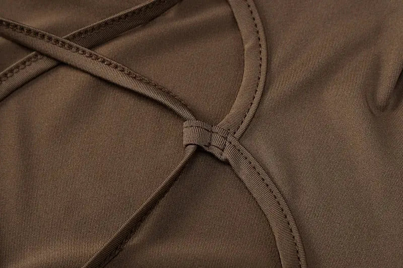 Hugcitar backless lace-up playsuit close-up in brown fabric
