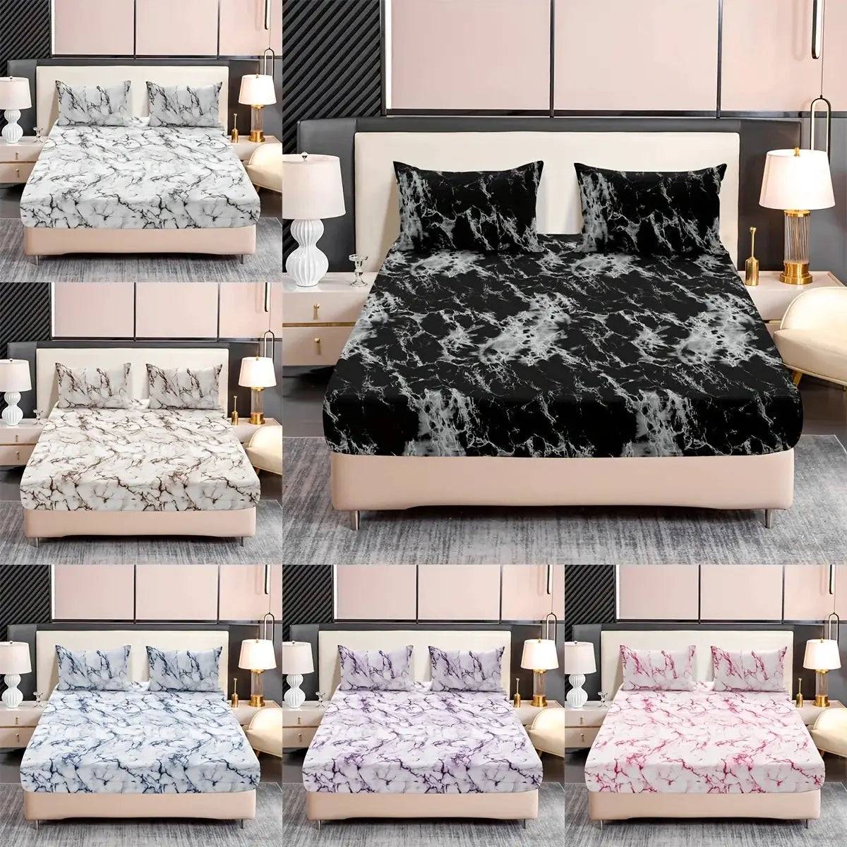 Simples Market 3-Piece Marble Print Fitted Sheet Set; microfiber, wrinkle-resistant, assorted colors