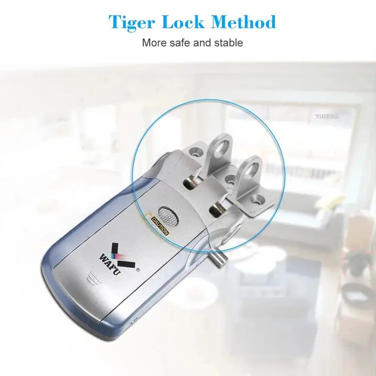 Wafu 019 remote control door lock with invisible deadbolt, silver-blue body and 5 chrome-plated remotes