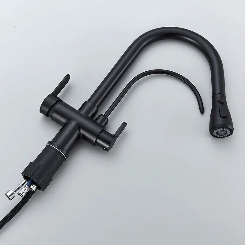 Onyzpily black kitchen faucet with pull-out spray and dual-handle deck-mounted design