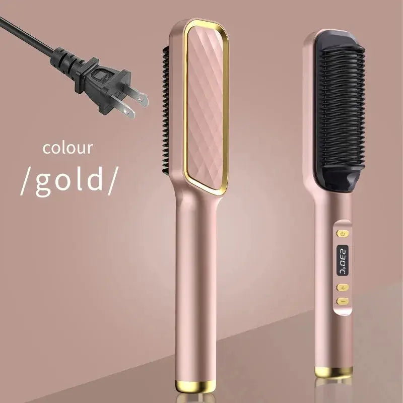 Simples Market electric hot combs; rose-gold finish, digital display, 2-piece multifunction straightener brush set
