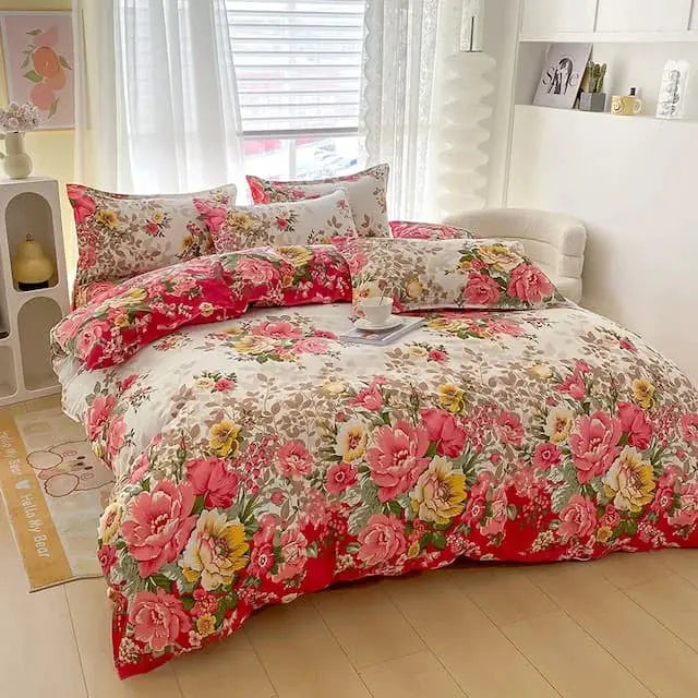 Floral duvet cover set with zipper closure by Simples Market; pink and yellow flowers, 3-piece set with duvet cover and 2 pillowcases
