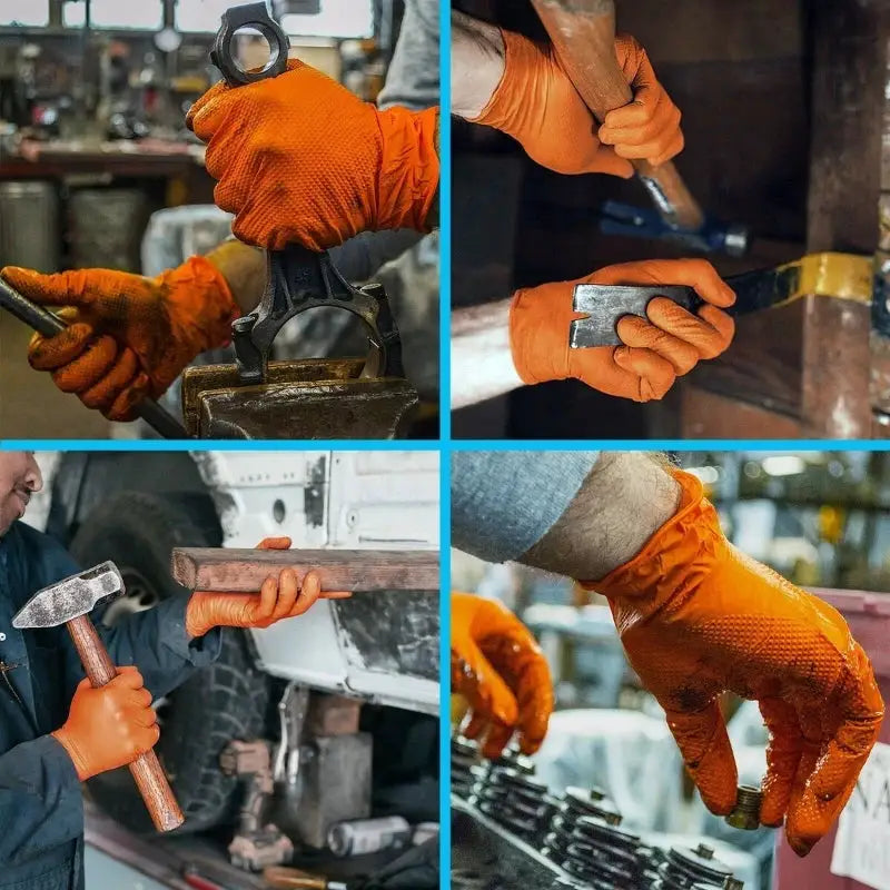 Heavy Duty Orange Industrial Nitrile Gloves 8 Mil Disposable With Raised Diamond Texture For Mechanic And Tattoo Safety
