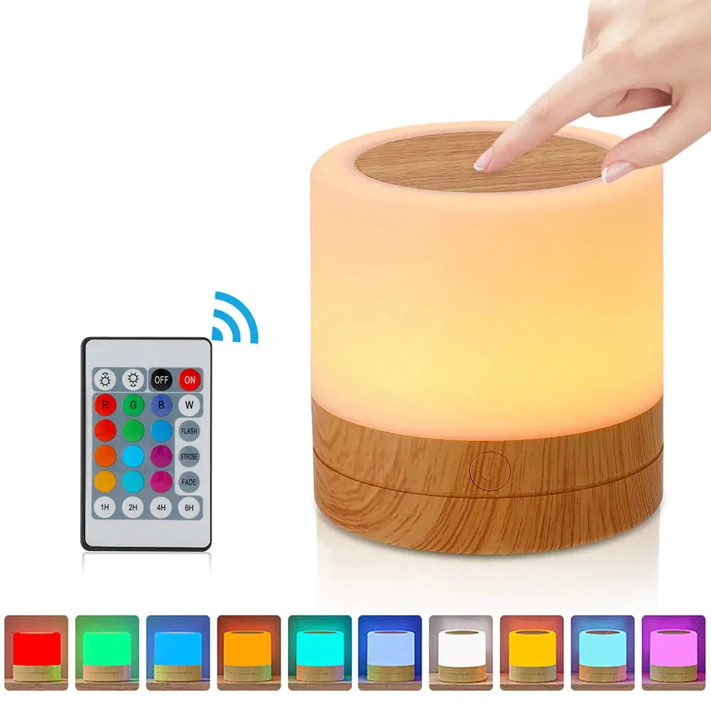Simples Market RGB night lamp with wooden base; color-changing bedside camping light with remote touch control