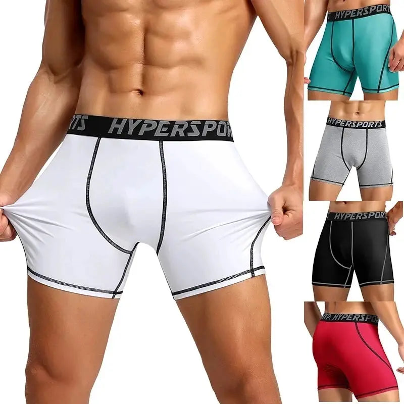 Compression shorts for men by Hypersport; white with black seams, also shown in teal, gray, black, red (5 color options).