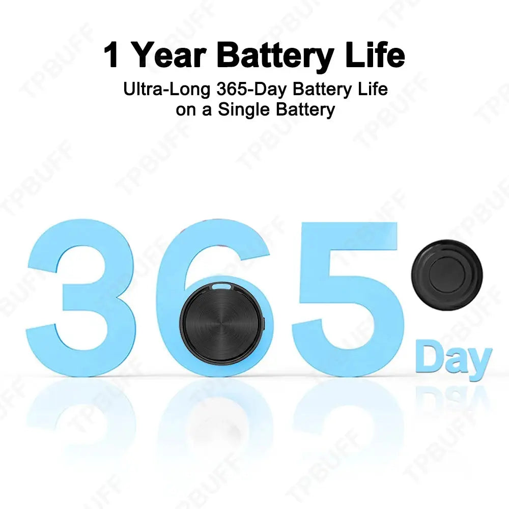 Android Find Hub Bluetooth GPS tracker by Simples Market; black circular keychain device with 365-day battery life