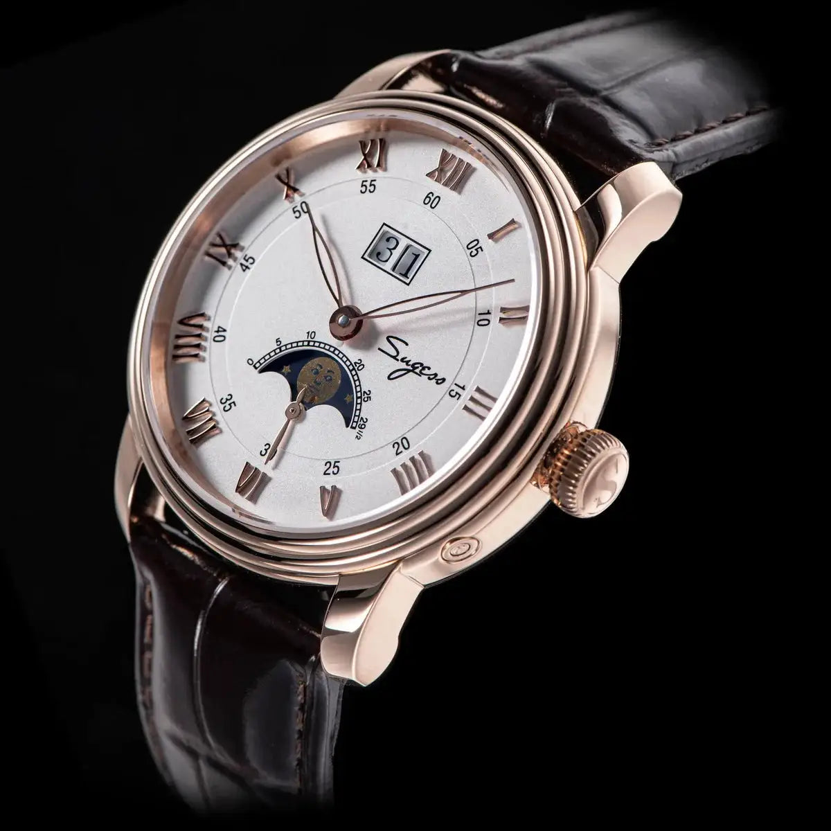 Sugess Moonphase men's watch, 40mm rose-gold case, white dial with Roman numerals, blue moonphase, brown leather strap